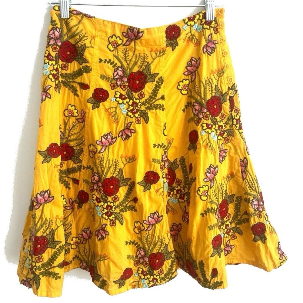 Johnny Was Yellow Embroidered Floral Midi Length Skirt Boho Cotton A-Line Size 2 - Picture 3 of 11